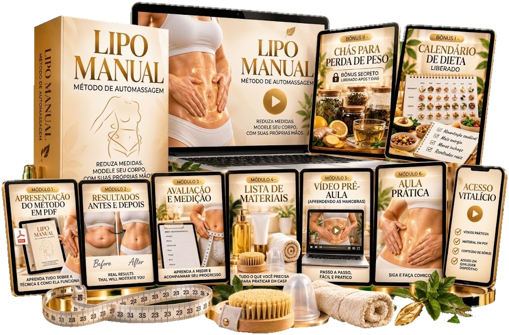 Caixa do curso LIPO MANUAL, videoaulas no notebook, módulos e bônus no tablet e celular